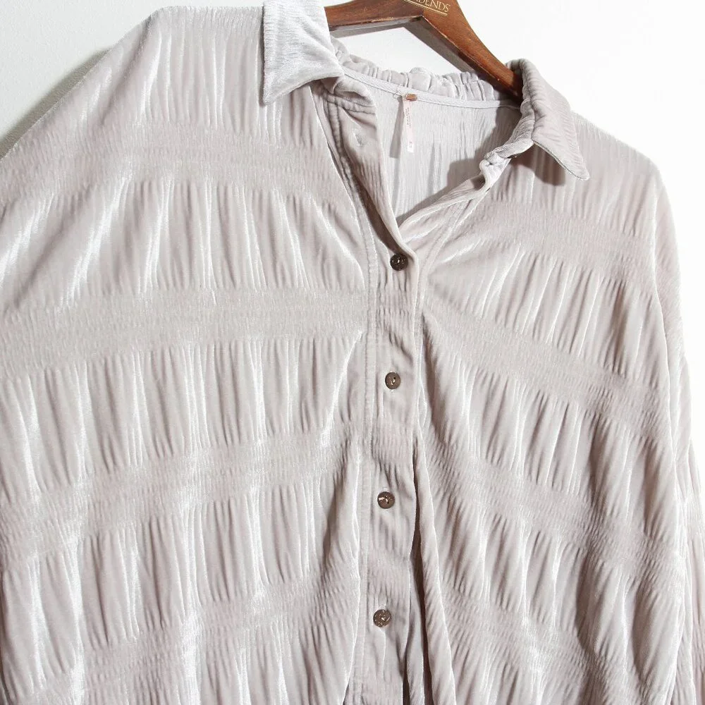 Free People My Best Top Winter Fog Grey Velvet Button Down Tunic Size Medium